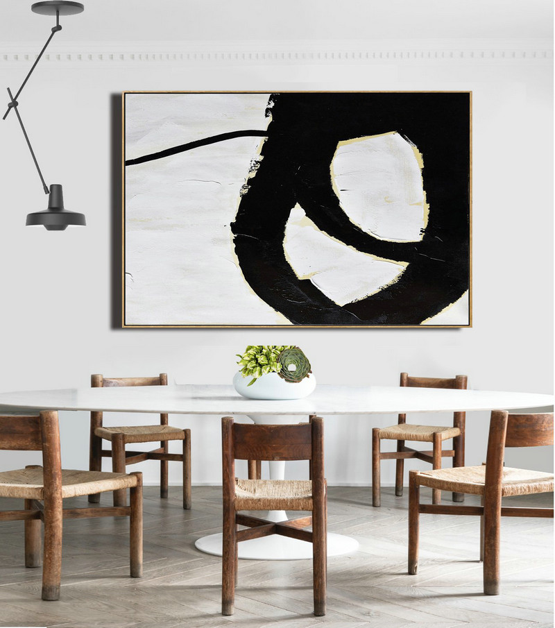 Large Oil Canvas Art,Horizontal Palette Knife Minimal Canvas Art Painting Black White Beige - Acrylic Painting Wall Art